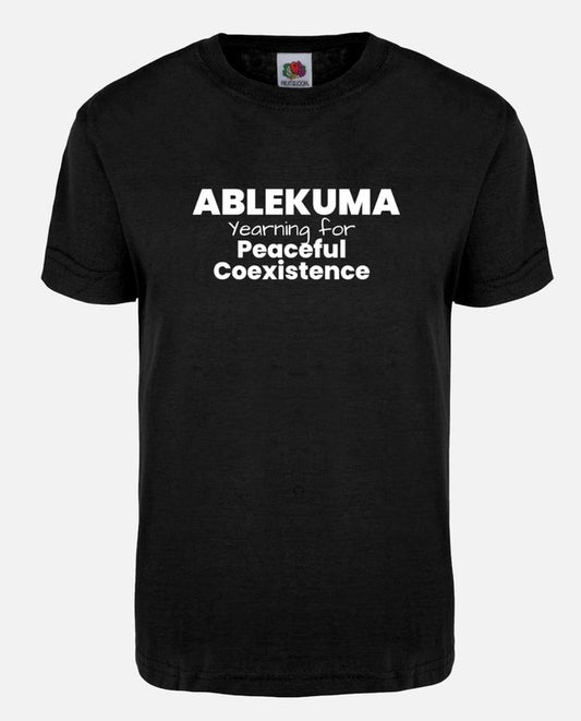 Black classic unisex short sleeves cotton t-shirt proudly stamped in front with the words  "Ablekuma yearning for peaceful coexistence".