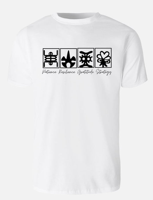 White classic unisex short sleeves cotton t-shirt proudly stamped in front with 4 Ga Samai (symbols) - which depicts patience, resilience, gratitude and strategy in life.