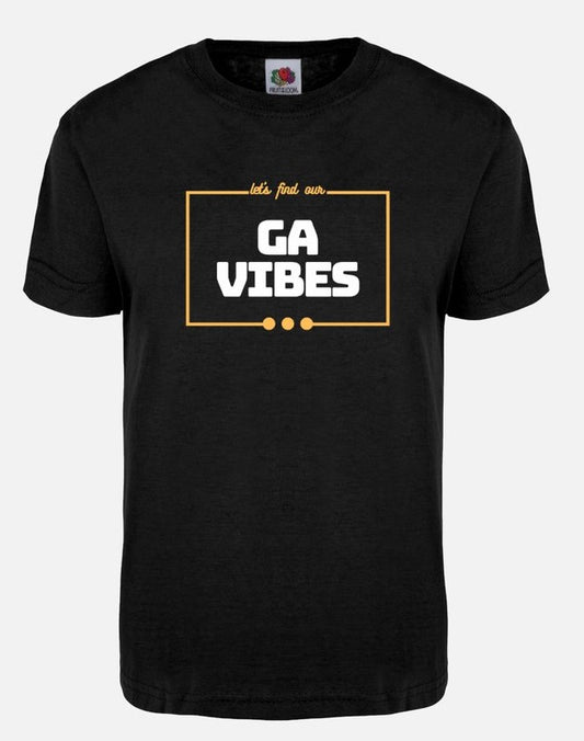 Black classic unisex short sleeves cotton t-shirt proudly stamped in front with the words  "Let's find our Ga Vibes".